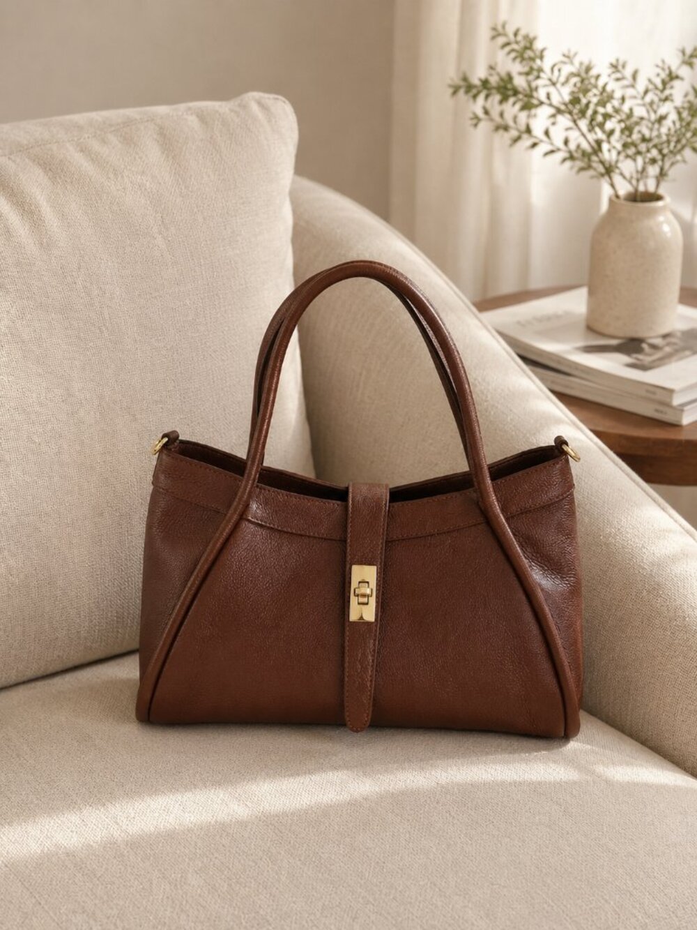 Cognac Italian Leather Tote Bag, Medium Leather Handbag, Women’s Shoulder Bag